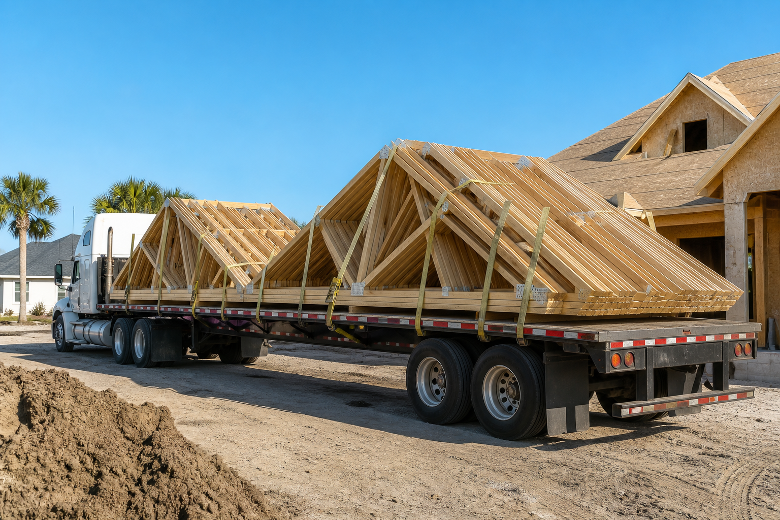 Flatbed truck loaded with wooden roof trusses for jobsite delivery